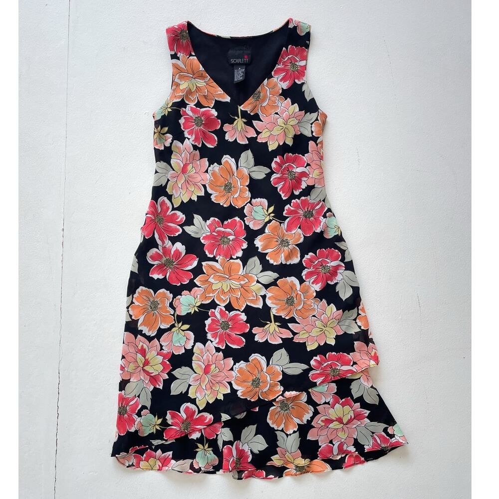Vtg Y2K Orange Floral Sleeveless Midi Dress / Sz 6 / Grunge Summer Casual